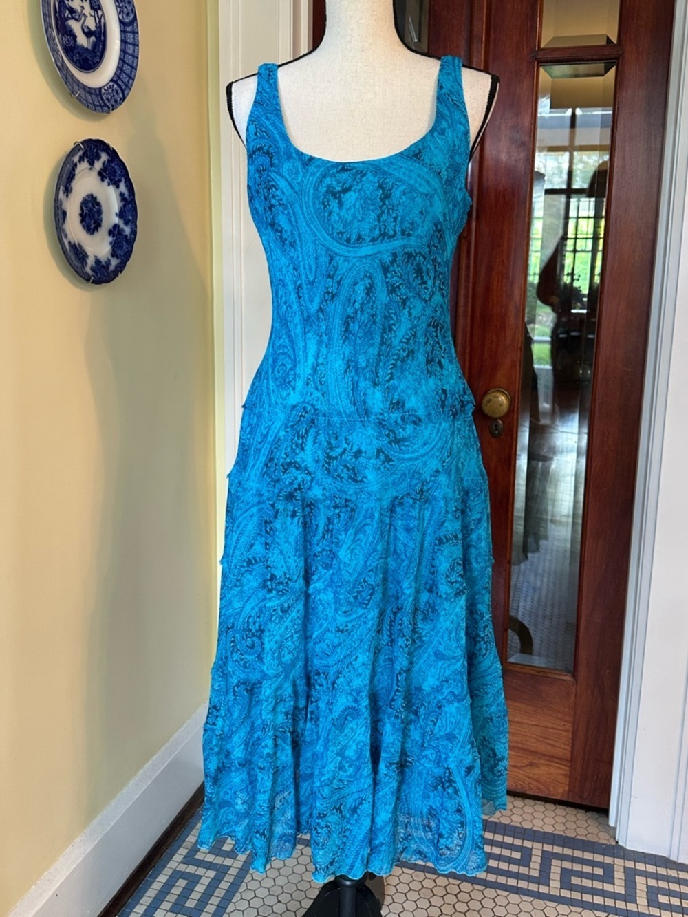 Jones Wear | VTG Blue Paisley Drop Waist Midi Dress - Boho 90s/Y2K, Size 10